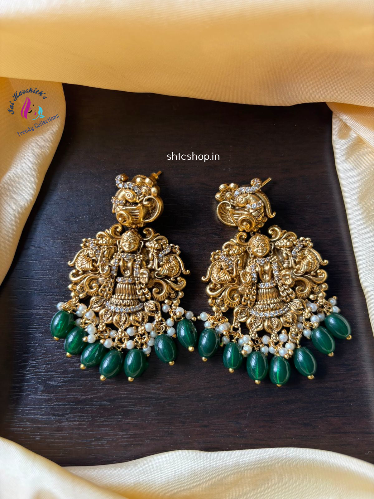 Temple Finish Statement Earrings with Greens Beads - SHTC1081 - Sai Harshith's Trendy Collections