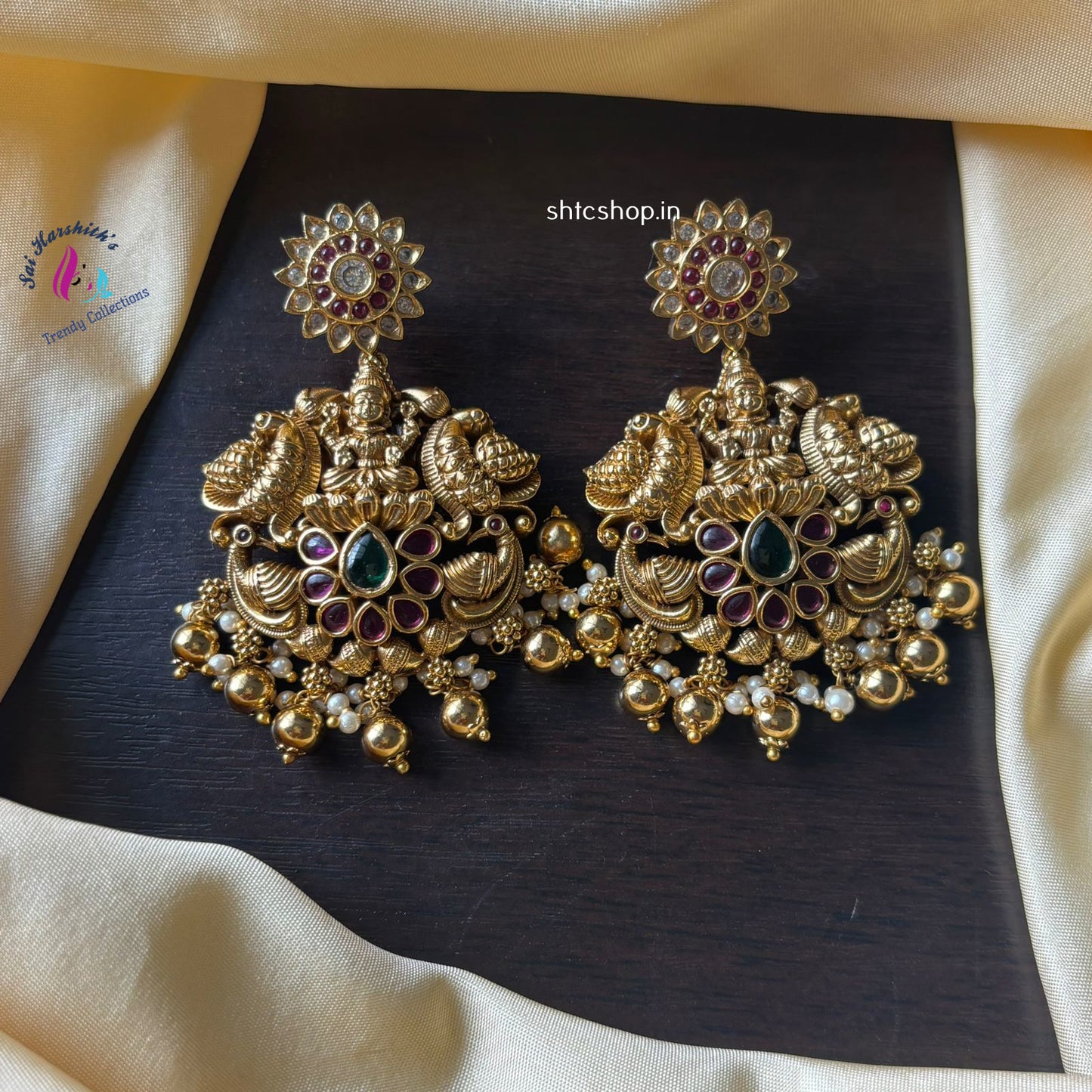 Temple Finish Statement Earrings with Kempu Stone - SHTC1083 - Sai Harshith's Trendy Collections