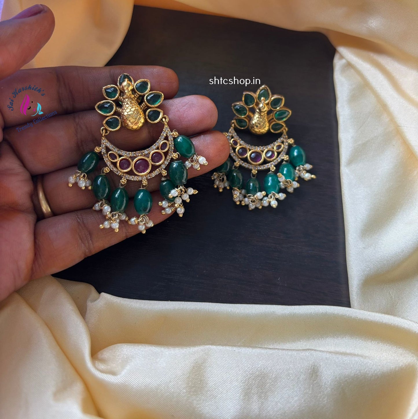 Matte Finish Peacock Earrings with Kempu Stones - SHTC1088 - Sai Harshith's Trendy Collections