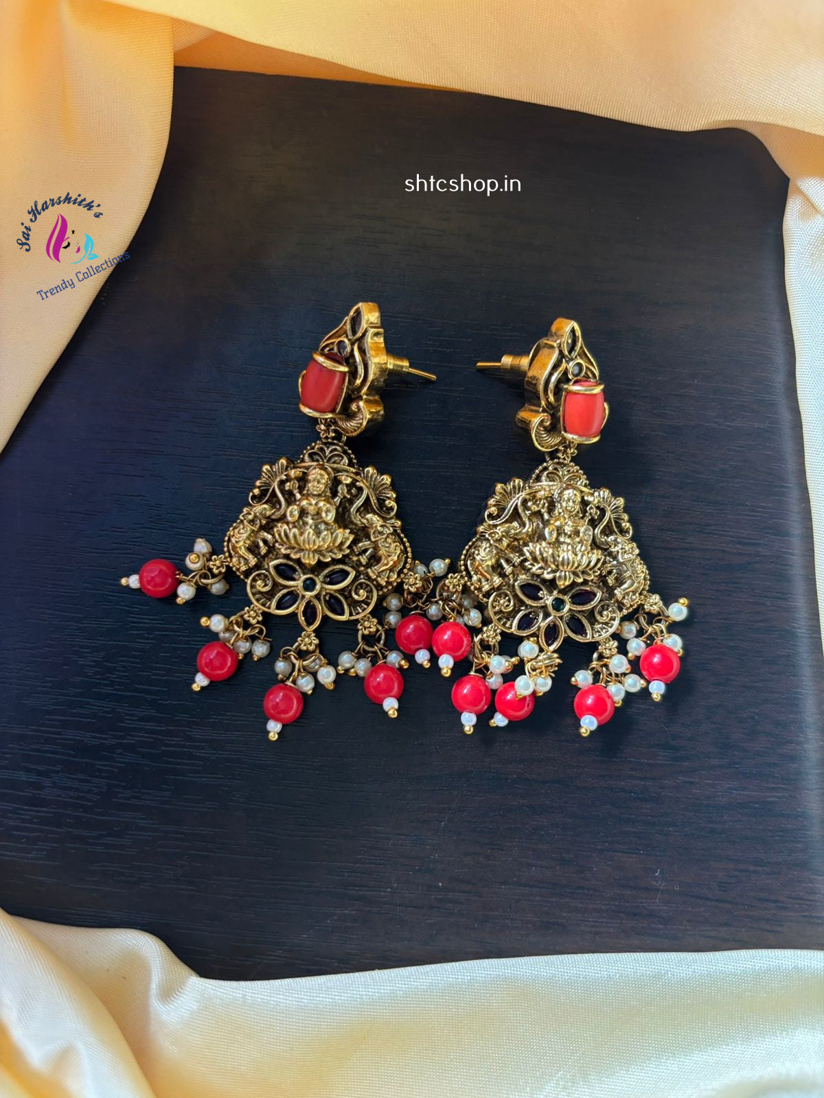 Matte Finish Earrings with Kempu Stones and Coral Beads - SHTC1090 - Sai Harshith's Trendy Collections