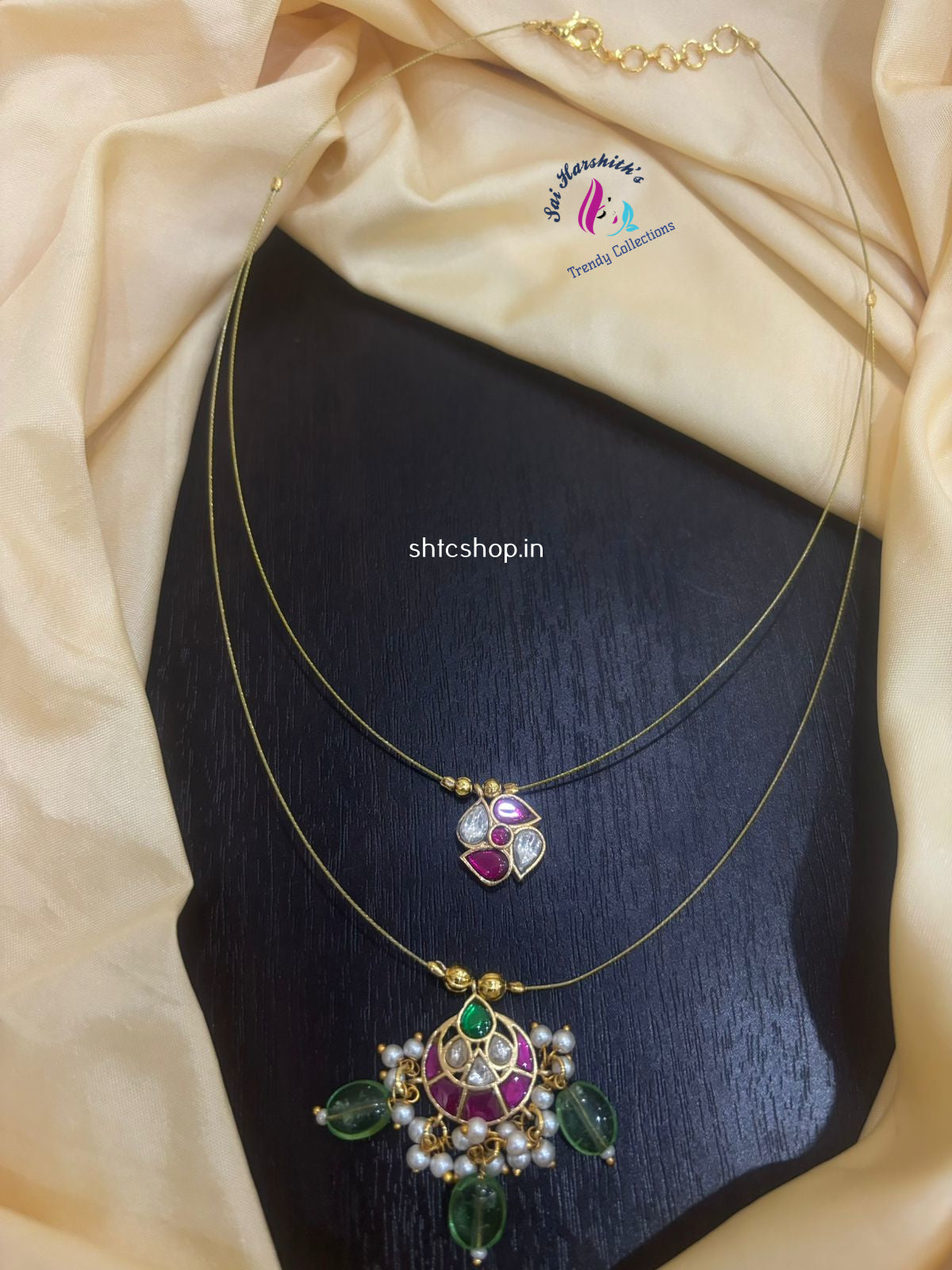 2 Layer Invisible Necklace with Kempu and Kundan Stones - SHTC1102