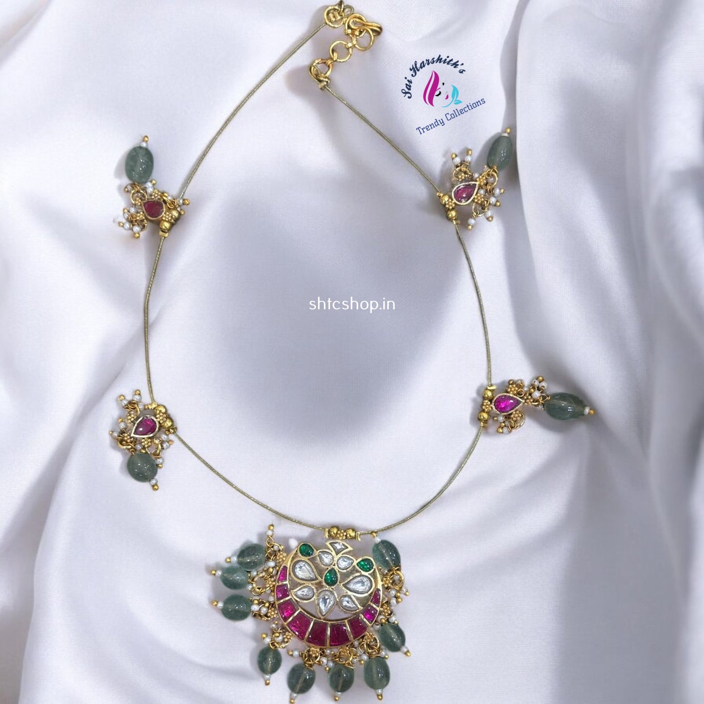 Invisible Jadav Stone Necklace with Green Beads - SHTC1113 - Sai Harshith's Trendy Collections