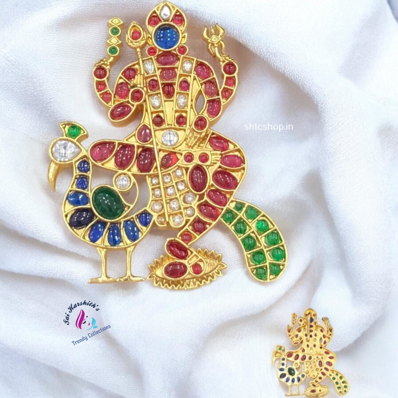 Murugar Pendant with Kempu Stone (Blue Peacock) - SHTC1121 - Sai Harshith's Trendy Collections