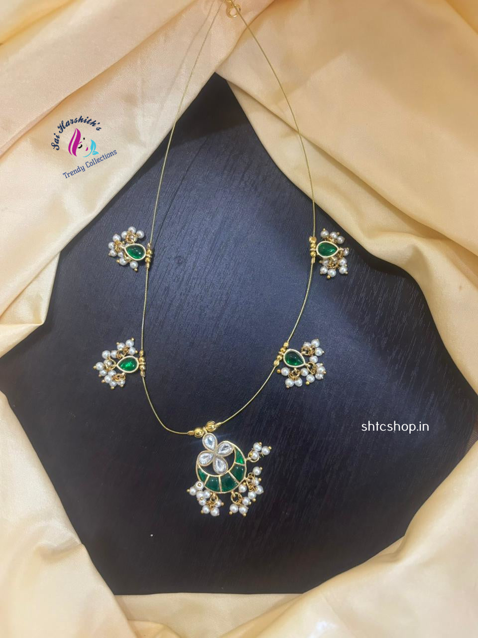 Invisible (Green) Jadav Stone Necklace with White Beads - SHTC1129 - Sai Harshith's Trendy Collections