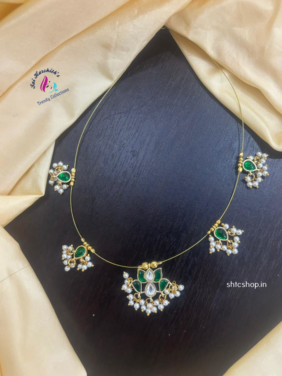 Invisible (Green & White) Jadav Stone Necklace with White Beads - SHTC1133