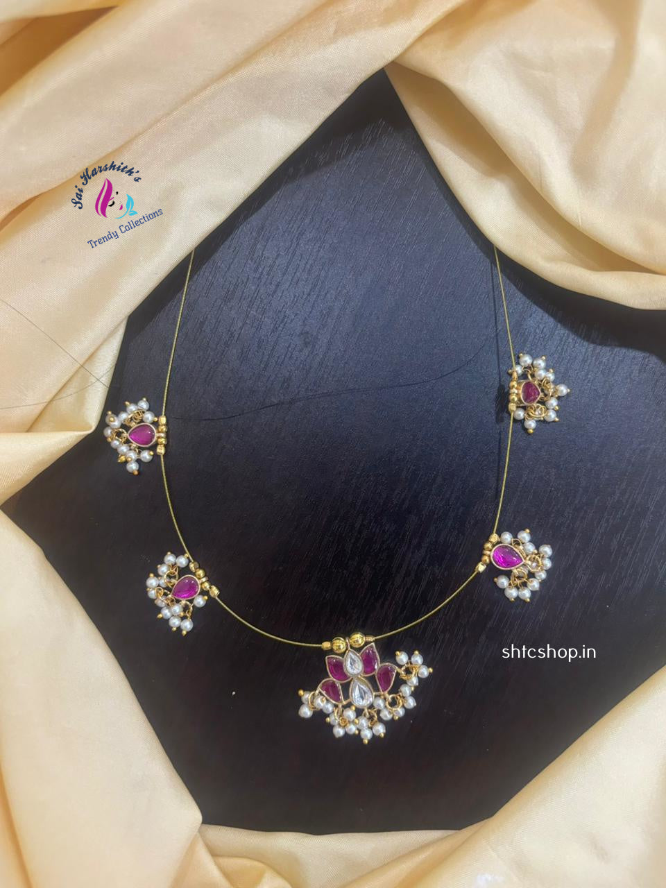 Invisible (Pink & White) Jadav Stone Necklace with White Beads - SHTC1134