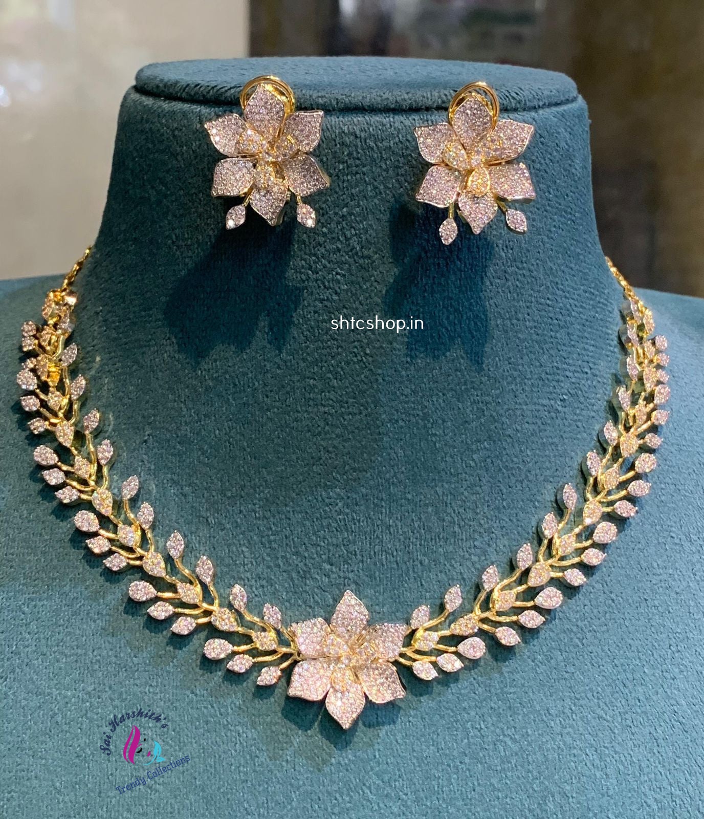Zirconia Stone Statement Necklace with Earrings - SHTC1164 - Sai Harshith's Trendy Collections