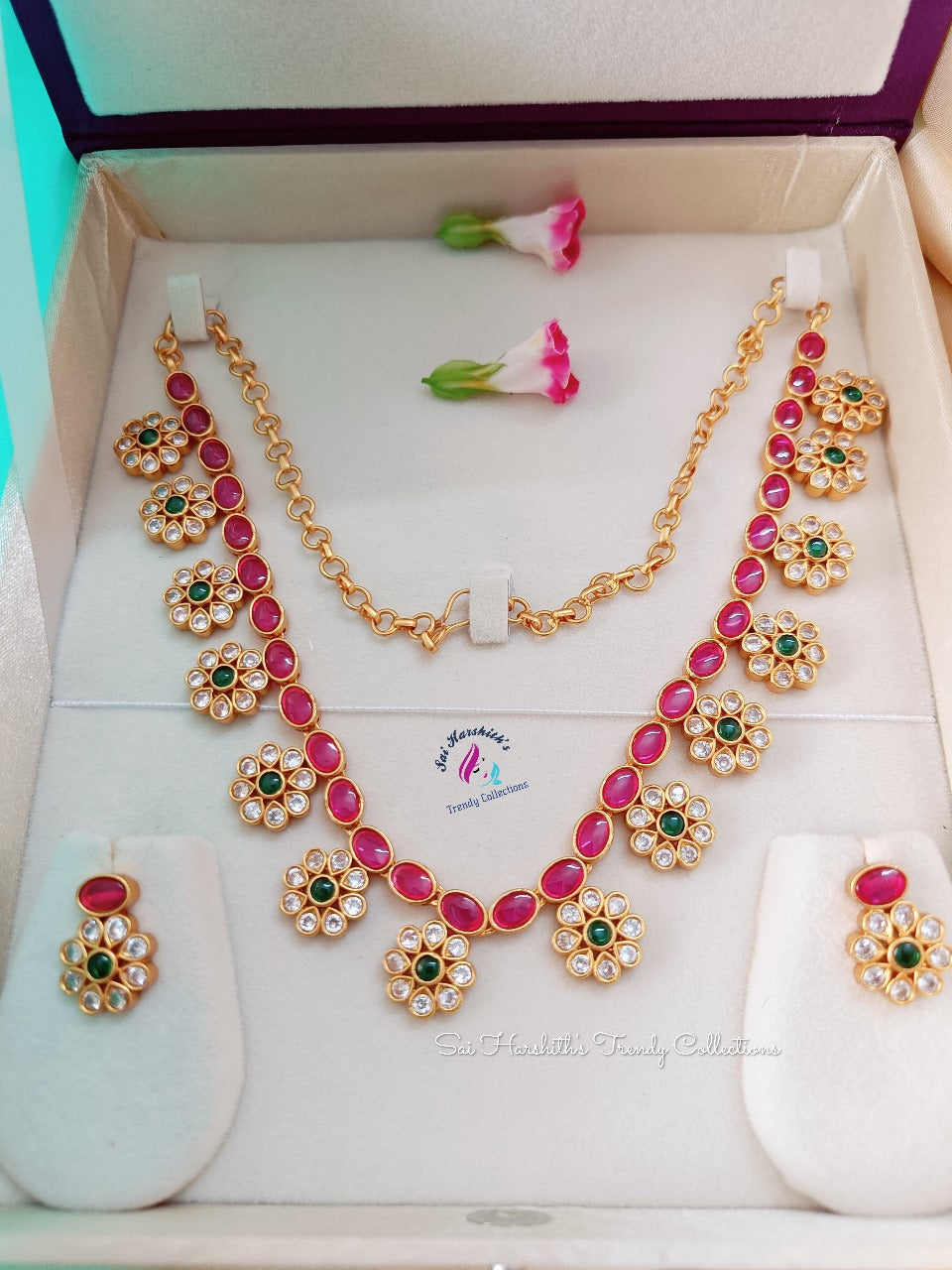 "Elegance Fusion" Matte Finish Brass Necklace with Kempu Stones - SHTC116 - Sai Harshith's Trendy Collections