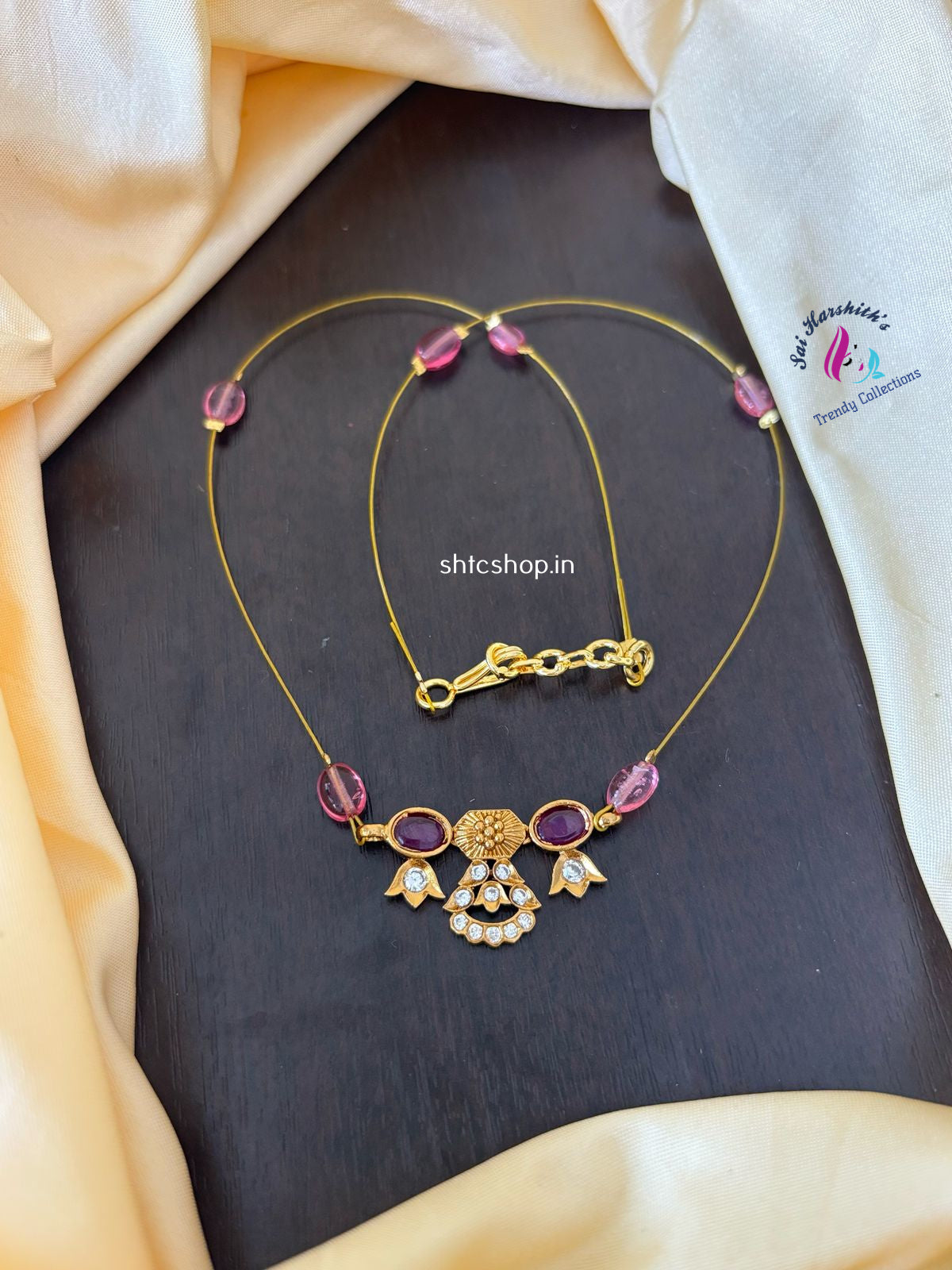 Invisible Necklace with Kempu & AD Stone Pendant - SHTC1170