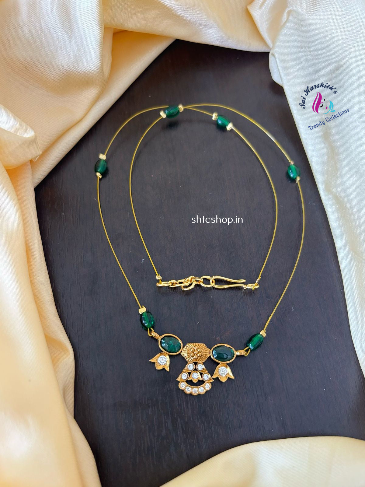 Invisible Necklace with Kempu & AD Stone Pendant - SHTC1170 - Sai Harshith's Trendy Collections