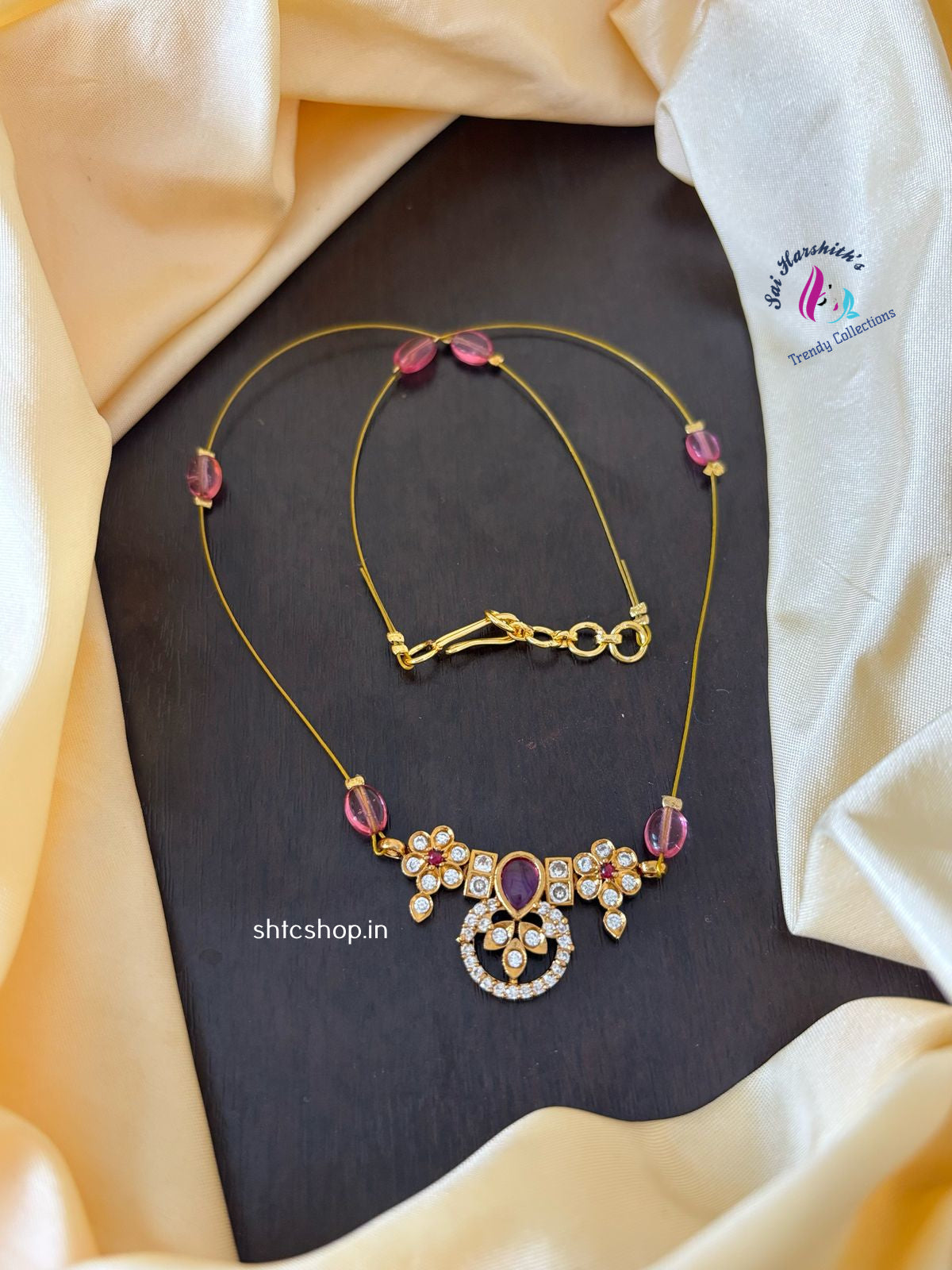 Invisible Necklace with Kempu & AD Stone Pendant - SHTC1179