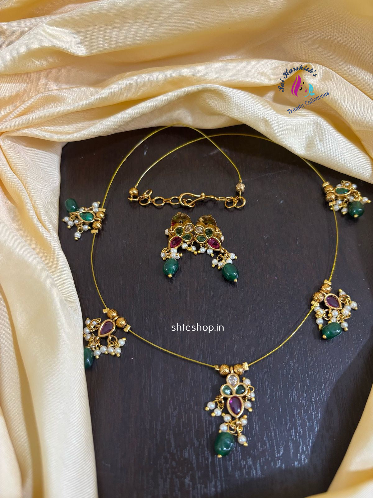 Invisible Kempu Stone Necklace with Earrings - SHTC1189 - Sai Harshith's Trendy Collections