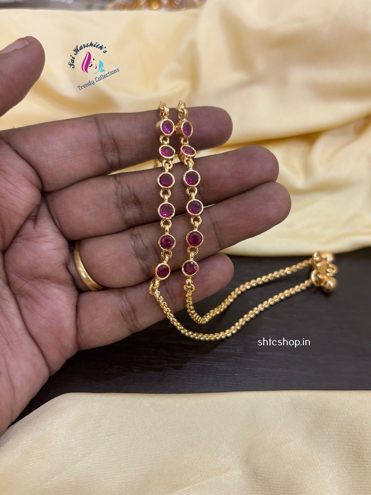 Impon / Five metal Anklet / Kolusu with Pink Stones - SHTC1198