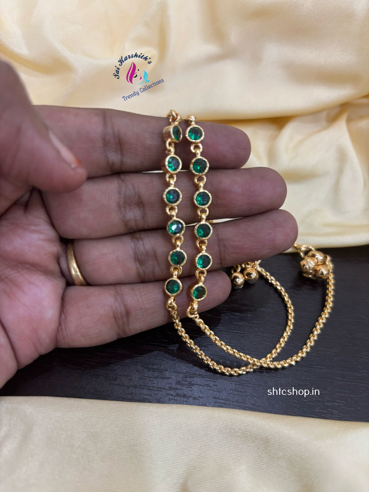 Impon / Five metal Anklet / Kolusu with Green Stones - SHTC1200 - Sai Harshith's Trendy Collections