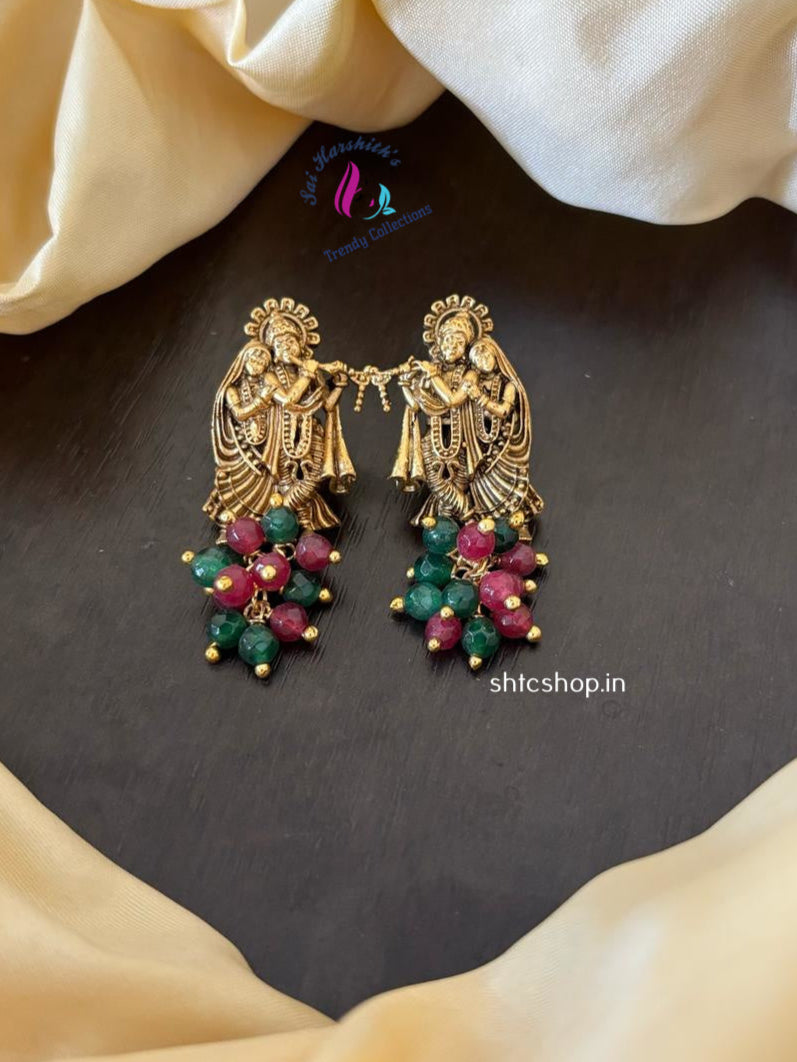 Matte Finish Radha Krishna Earrings with Beads - SHTC1231