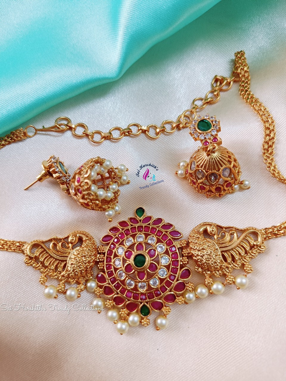 Regal Plumage Elegance: Premium Matte Finish Peacock Design Choker - SHTC125 - Sai Harshith's Trendy Collections