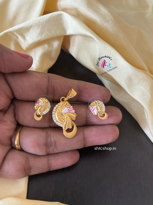 1gm Gold Polished Pendant with Earrings - SHTC1379 - Sai Harshith's Trendy Collections