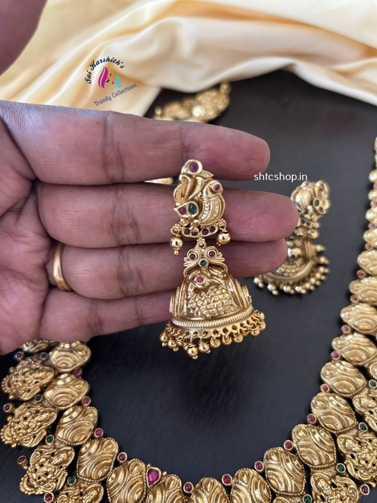 Temple Finish Long Haram Statement Jewelry Set with Kempu Stones - SHTC1413