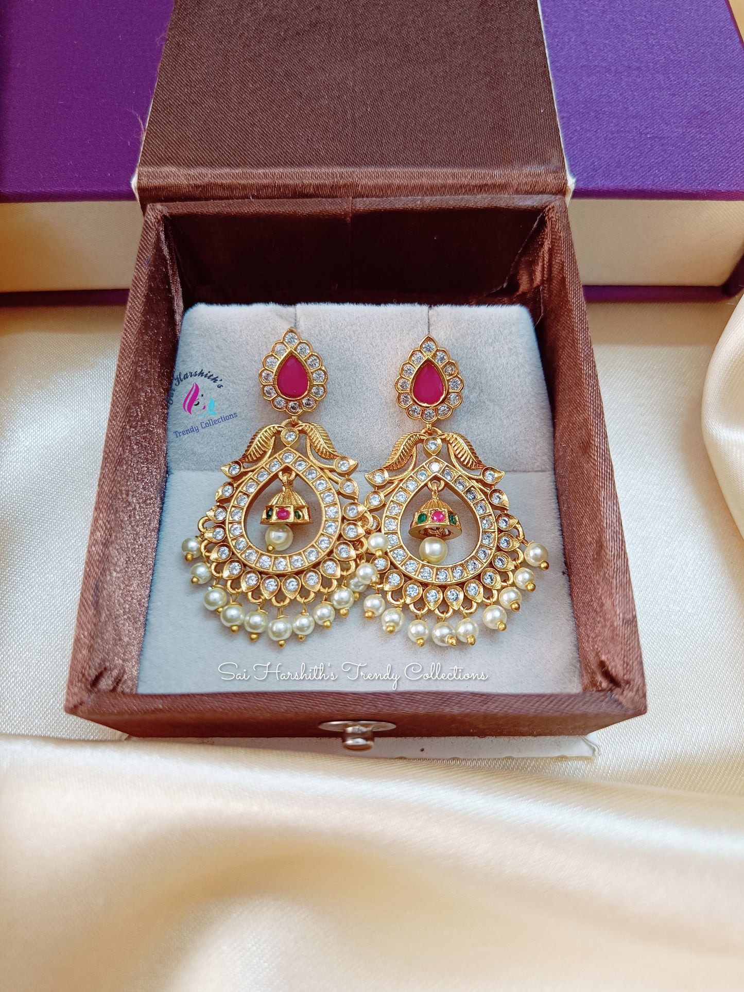 Brass Crescent Moon Earrings with Matte Finish and Stone Embellishments - SHTC142 - Sai Harshith's Trendy Collections