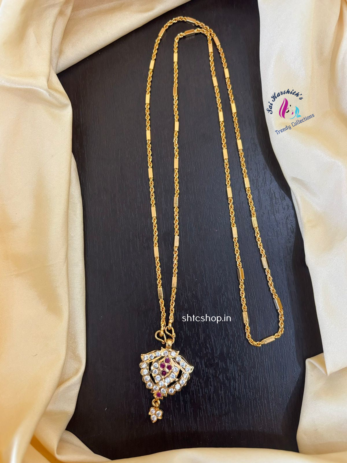 30 Inches Impon Dollar / Pendant Chain with AD Stones (Pink & White) - SHTC1431
