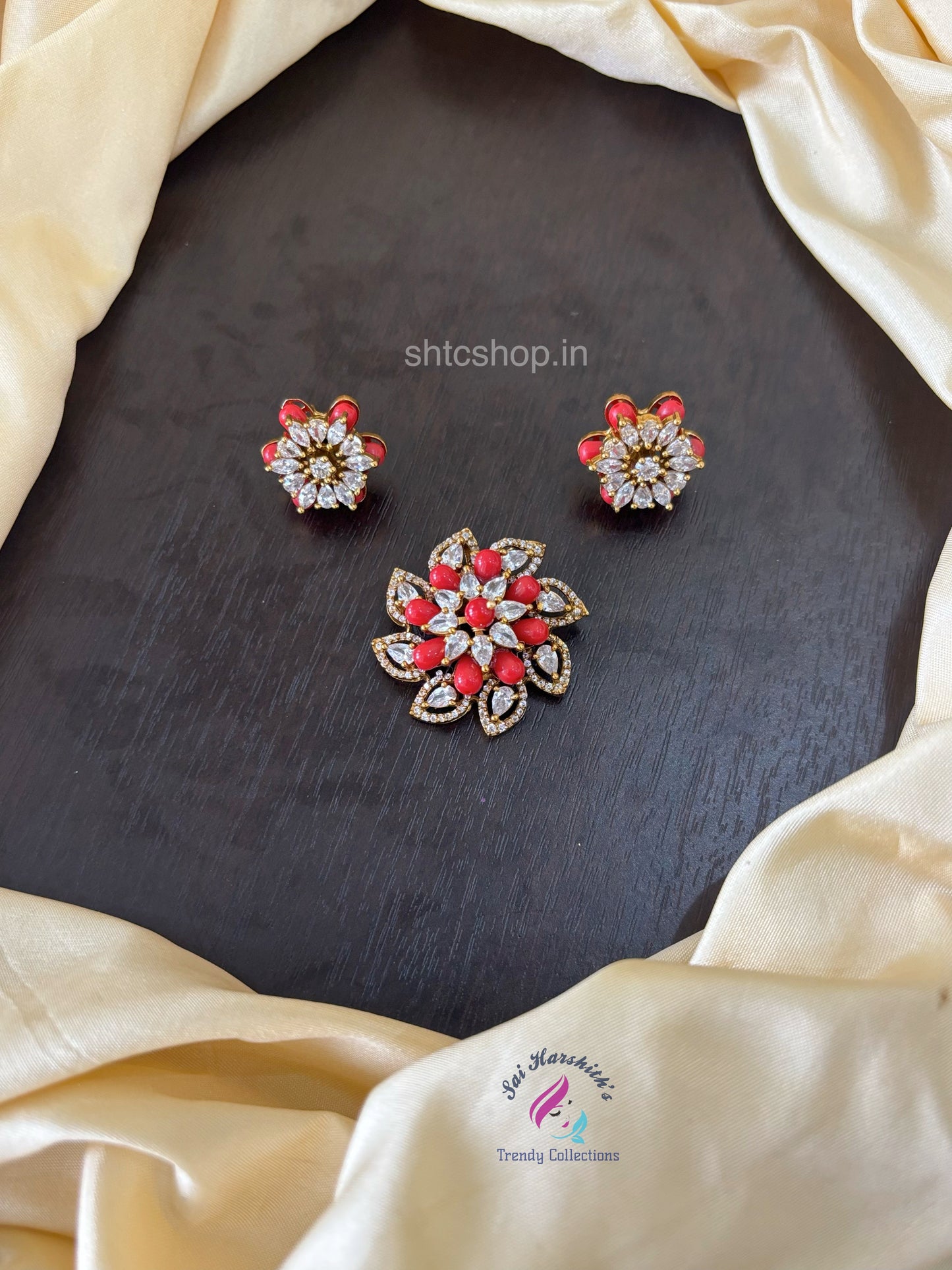 Matte Finish Pendant with Coral and Ad Stones with Earrings - SHTC1504