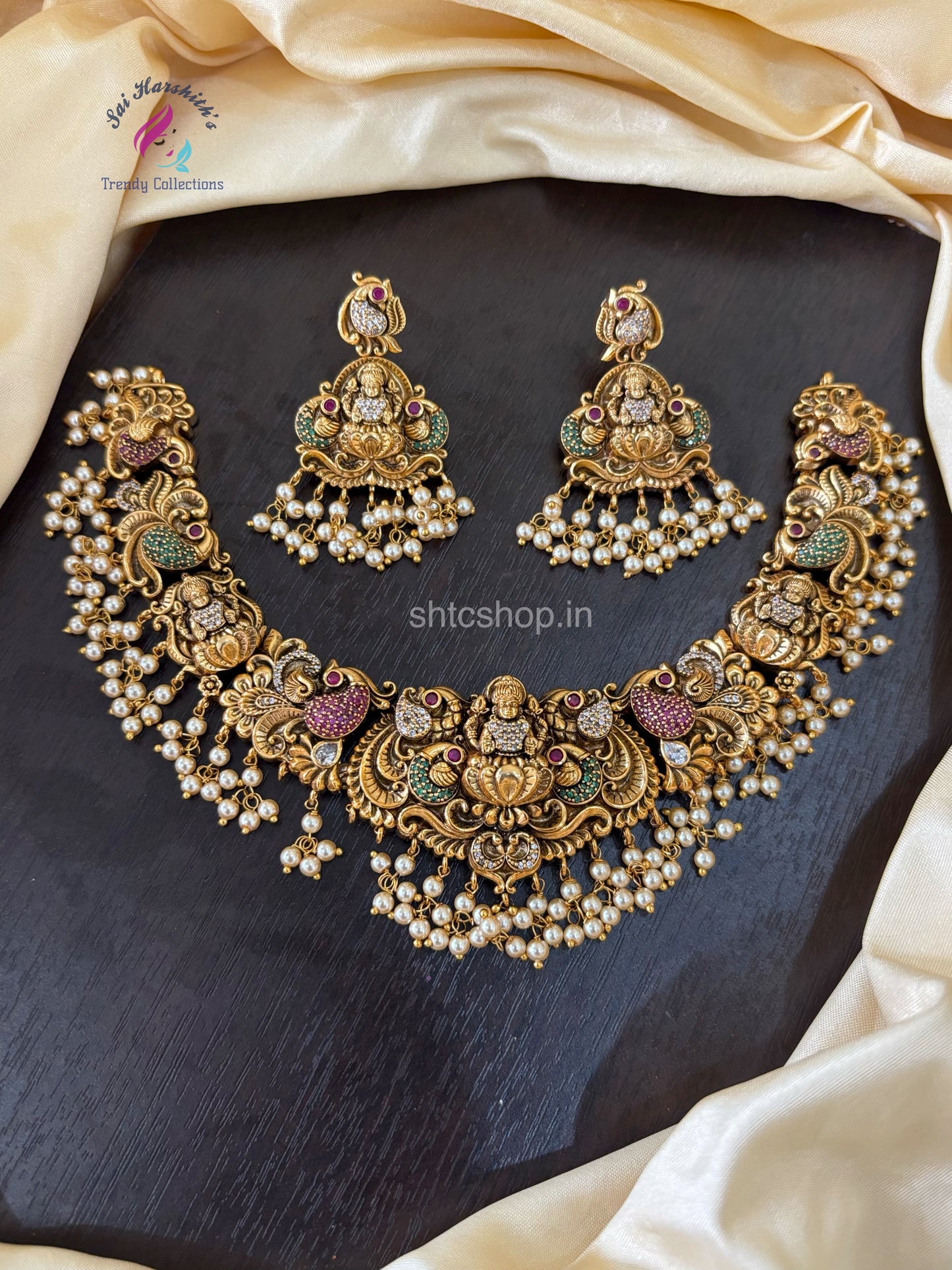 Temple Finish trendy Statement Necklace with AD Stones and Beads - SHTC1506
