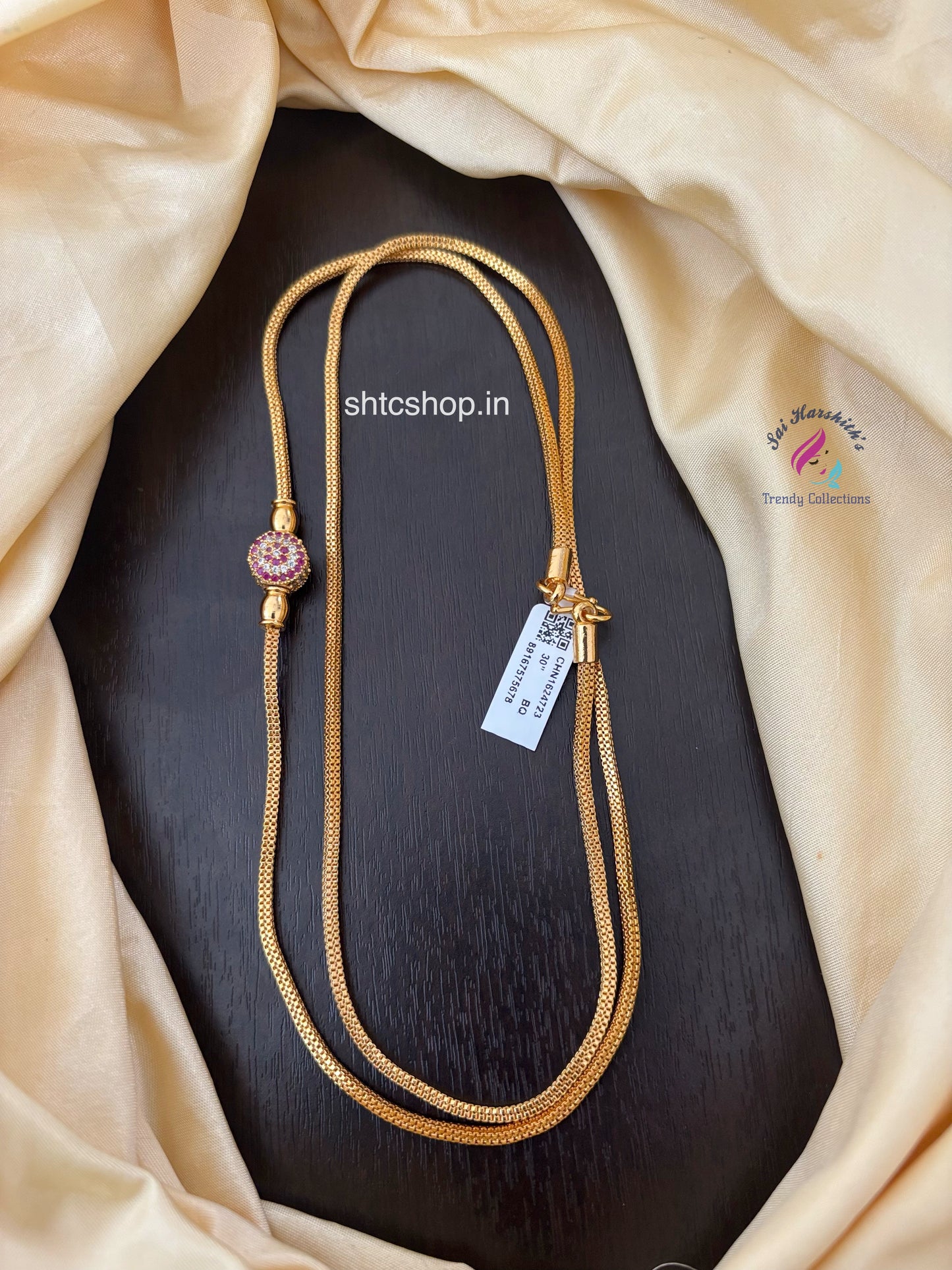 1 Gm Gold Polished 30 inches Mugappu Chain (White & Pink) - SHTC1541