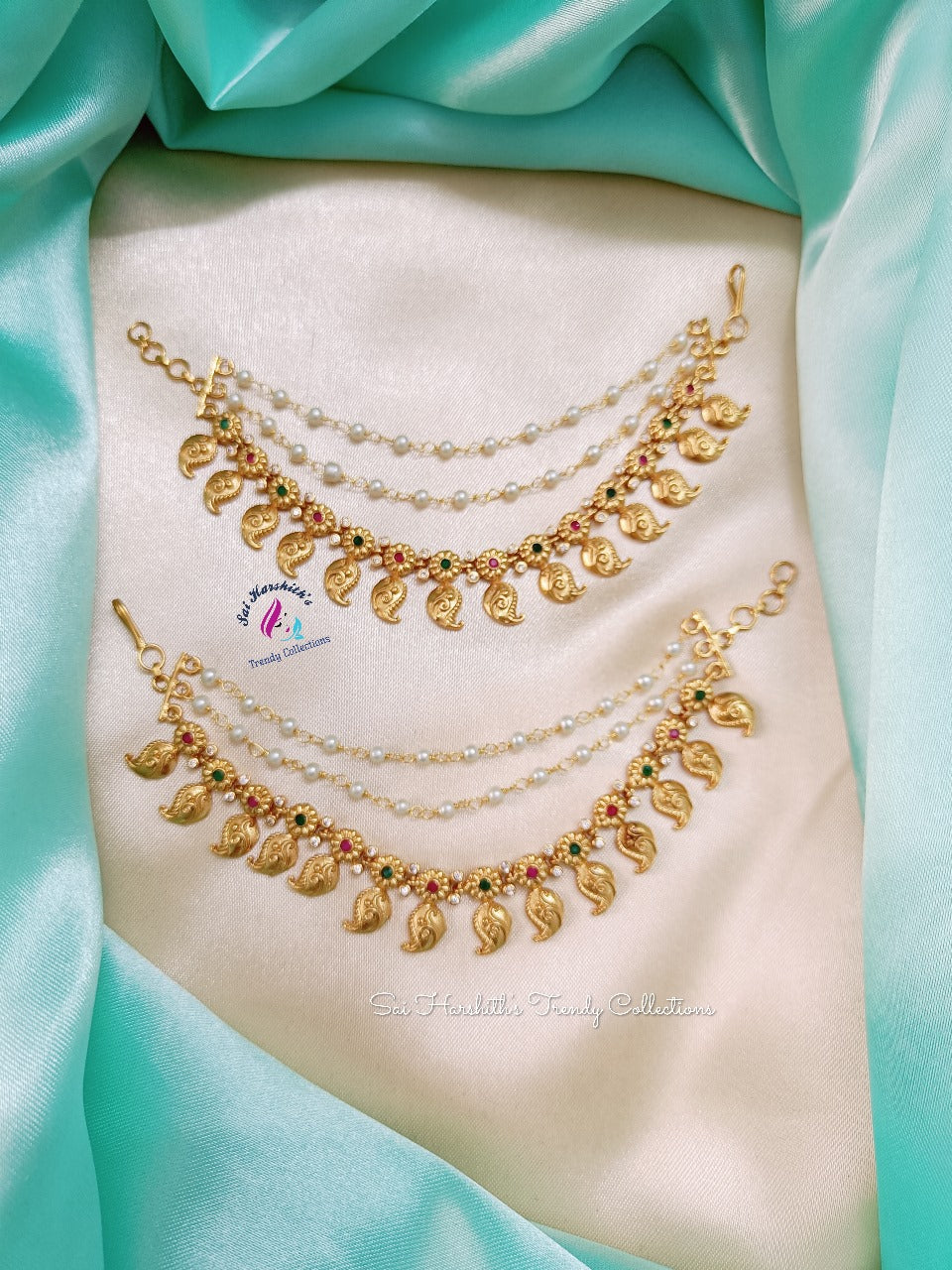 MangoGlo Matte Elegance: 3-Layer Brass Ear Maati with Beaded Accents - SHTC156 - Sai Harshith's Trendy Collections