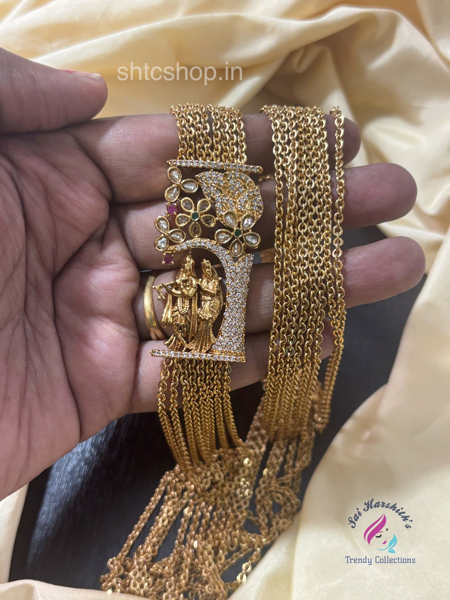 30 Inches 7 Layer Radha Krishna Mugappu Chain with Kempu Stones - SHTC1564