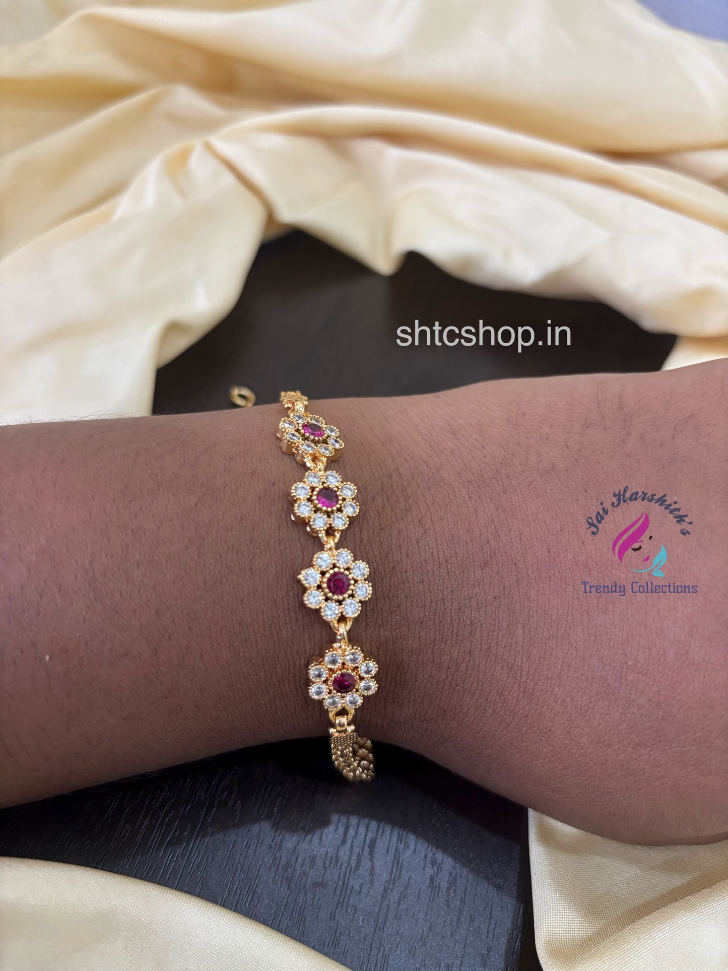 Impon / five Metal Bracelets with AD Stones (White & Pink)- SHTC1580