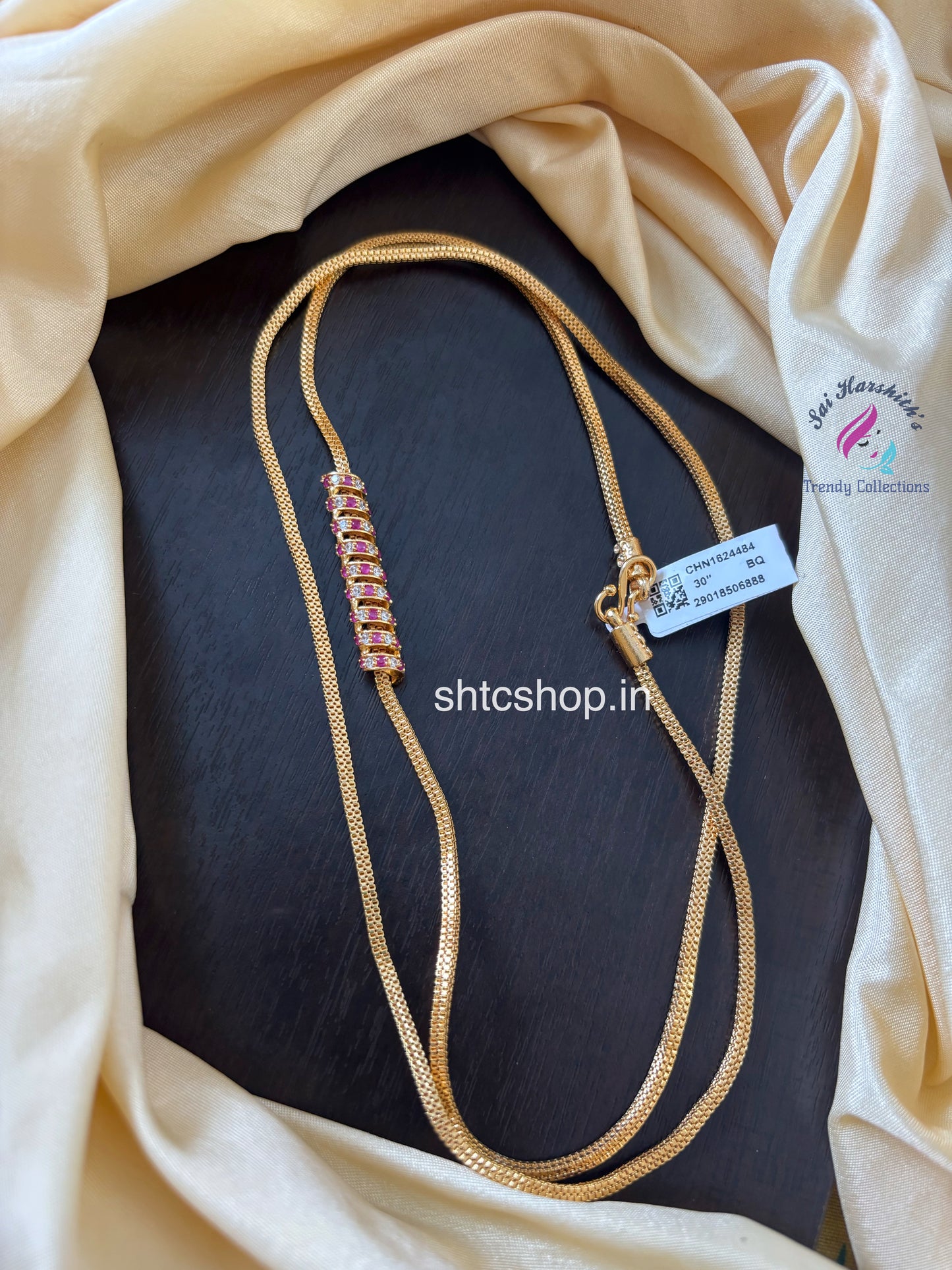 30 Inches 1 gm Gold Polished 360 degree Mugappu Chain (White & Pink) - SHTC1604