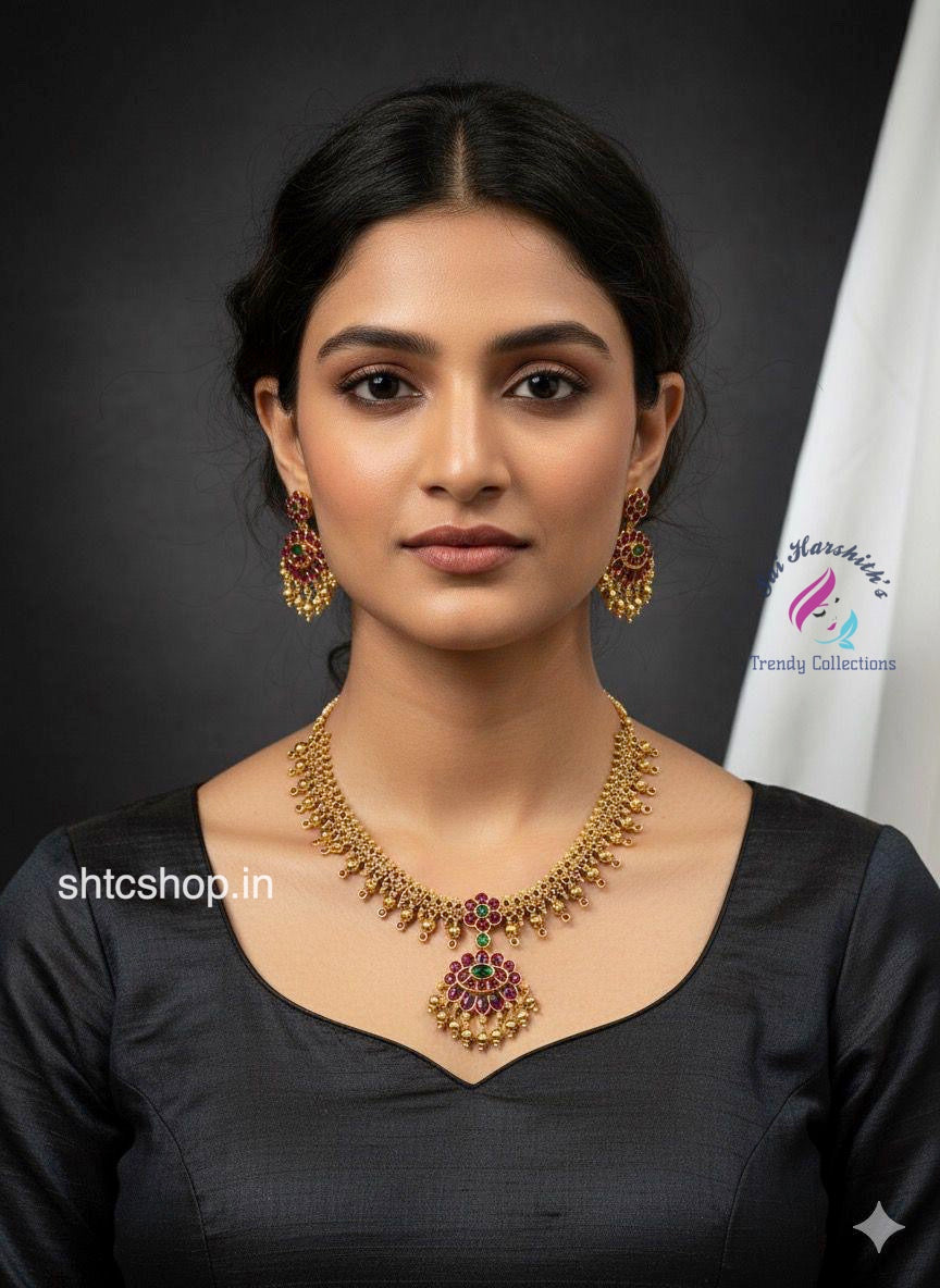 Kempu Stone Necklace with a fusion of Traditional and Modern Look - SHTC1630