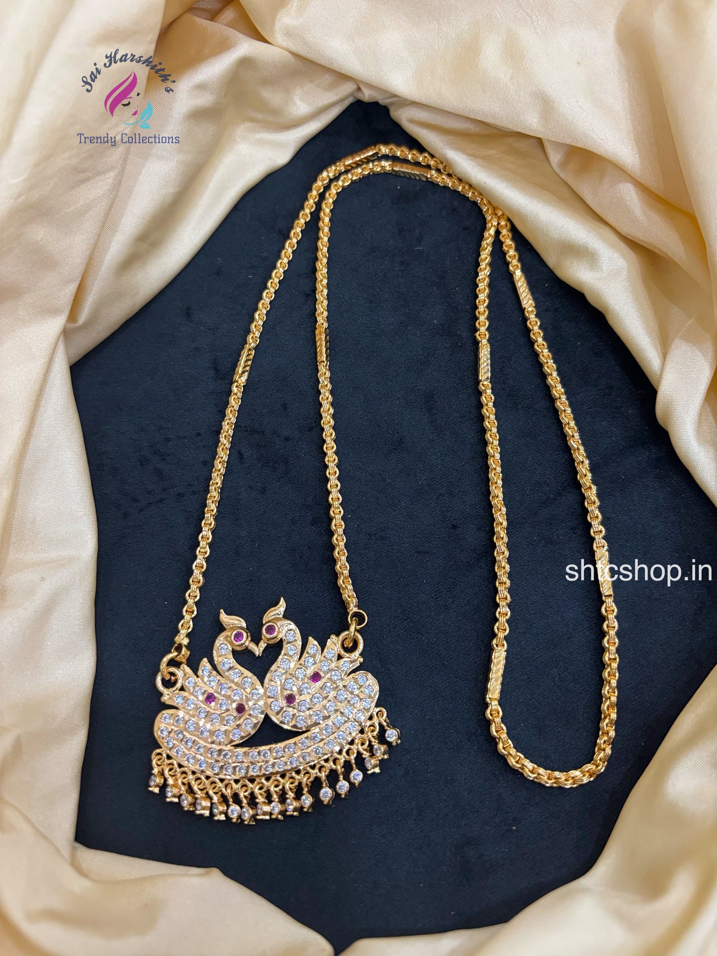 30 Inches Impon Dollar / Pendant Chain with AD Stones (Annam / Swan Design- Pink & White) - SHTC1650