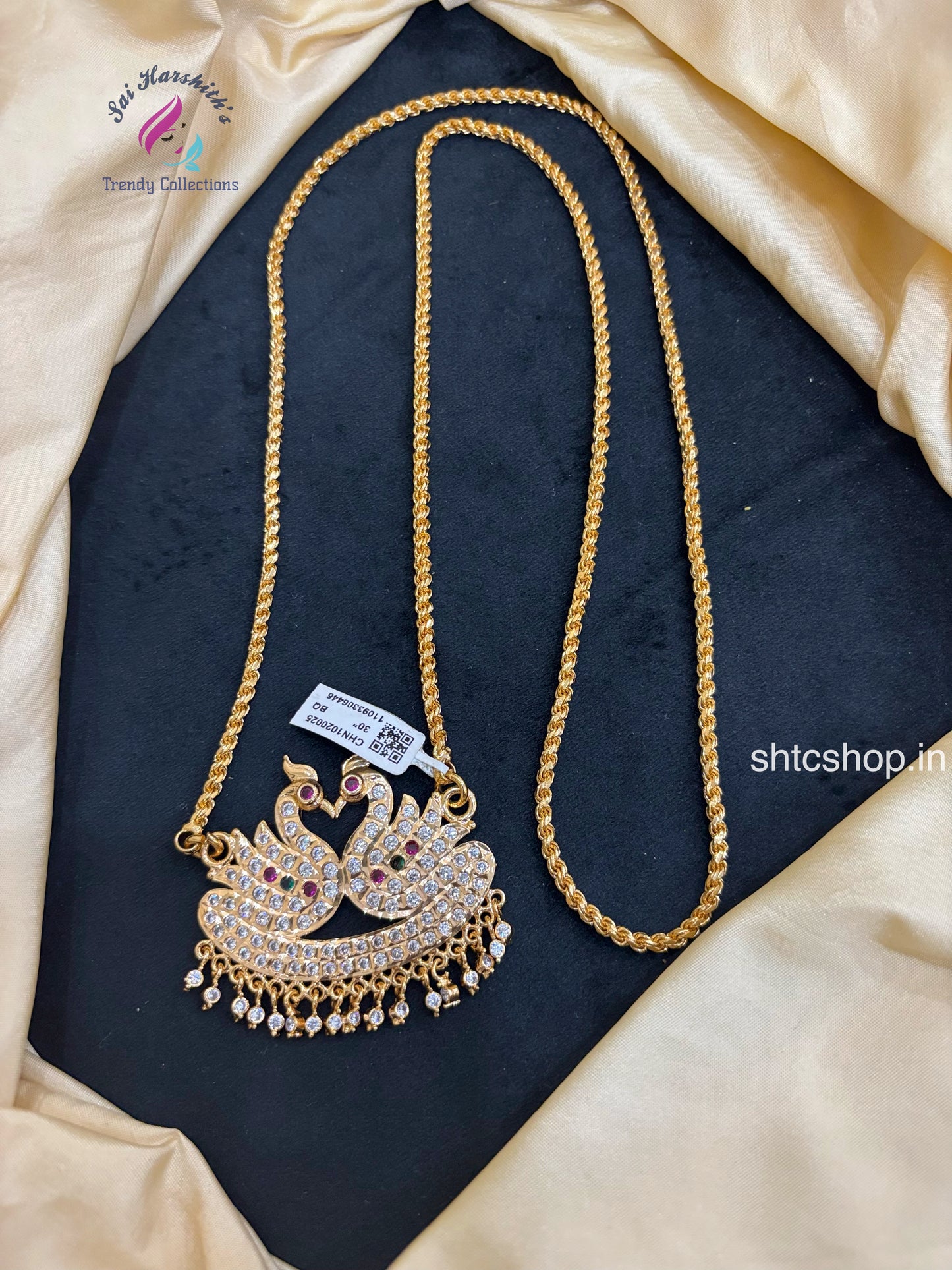 30 Inches Impon Dollar / Pendant Chain with AD Stones (Annam / Swan Design- Multicolor) - SHTC1652