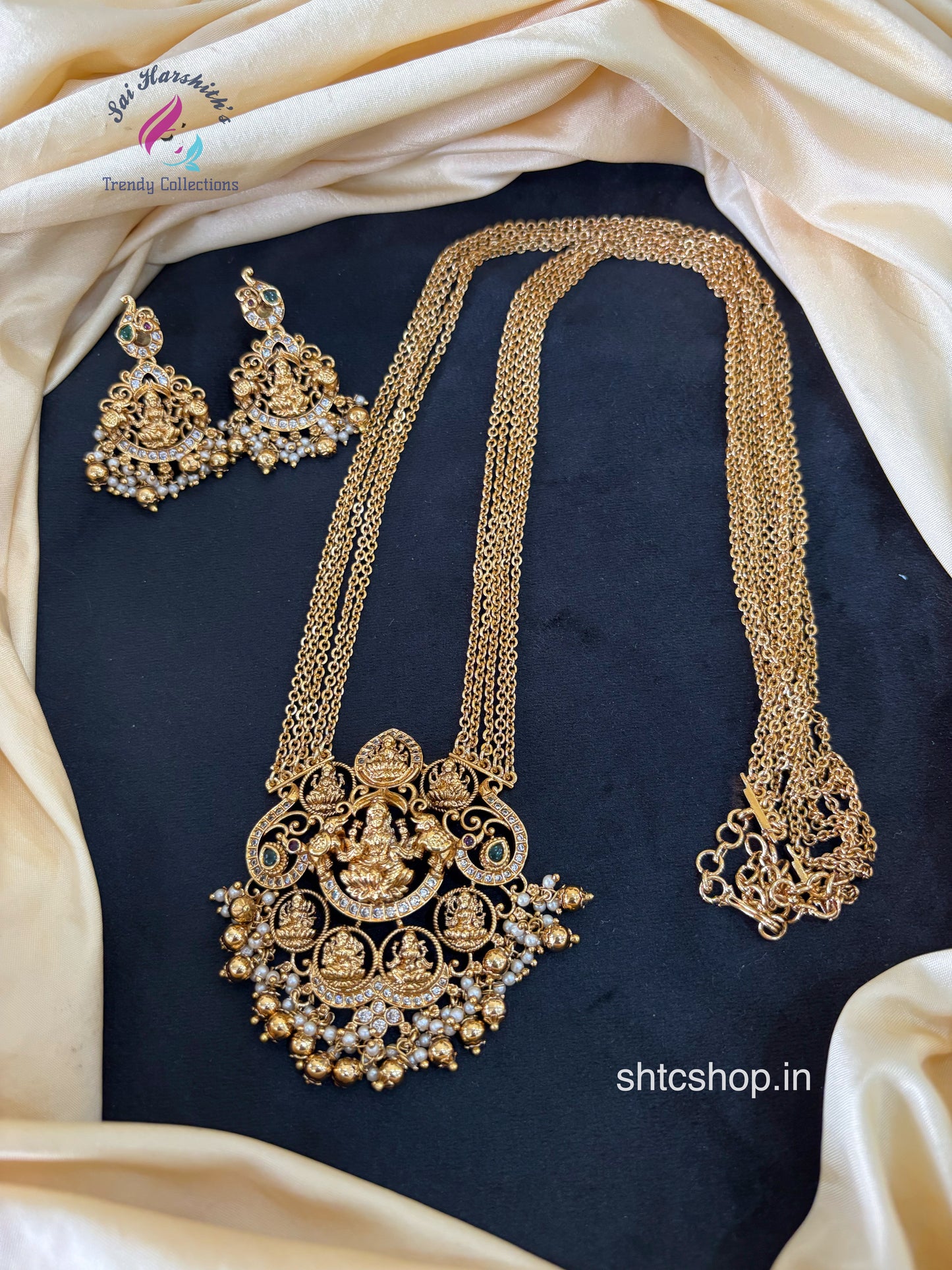 30 inches long 5 layer Temple Finish Long harram with Earrings - SHTC1656