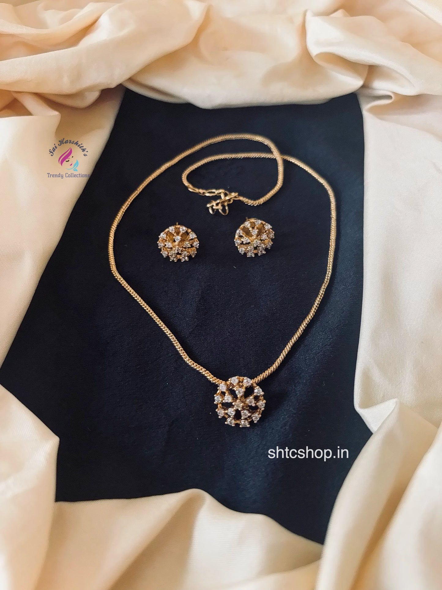 Short Cute Matte Finish Chain with AD Stone Pendant and Earrings - SHTC1666