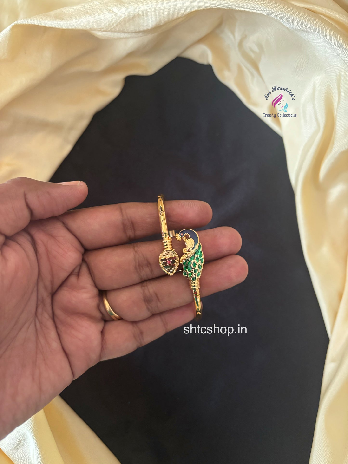1 Gm Gold Polished Openable Kada Bangles with Enamelled Peacock for Women free size- SHTC1683