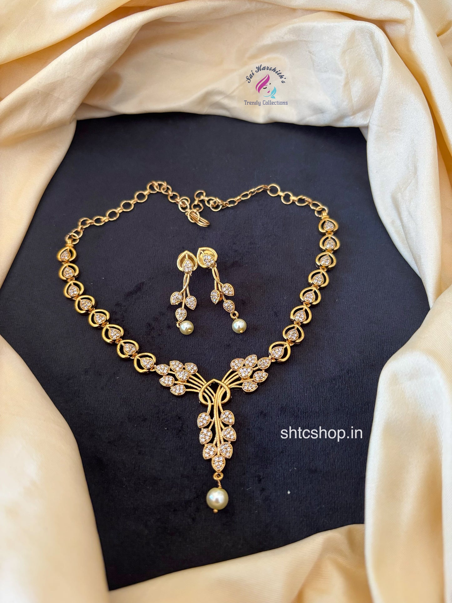 Matte Finish AD Stones Necklace with Back Chain - SHTC1694