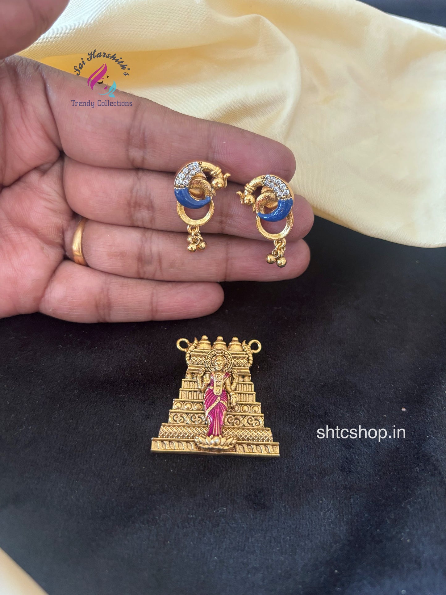 Matte Finish Lakshmi with Temple Gopuram Pendant with Earrings - SHTC1760