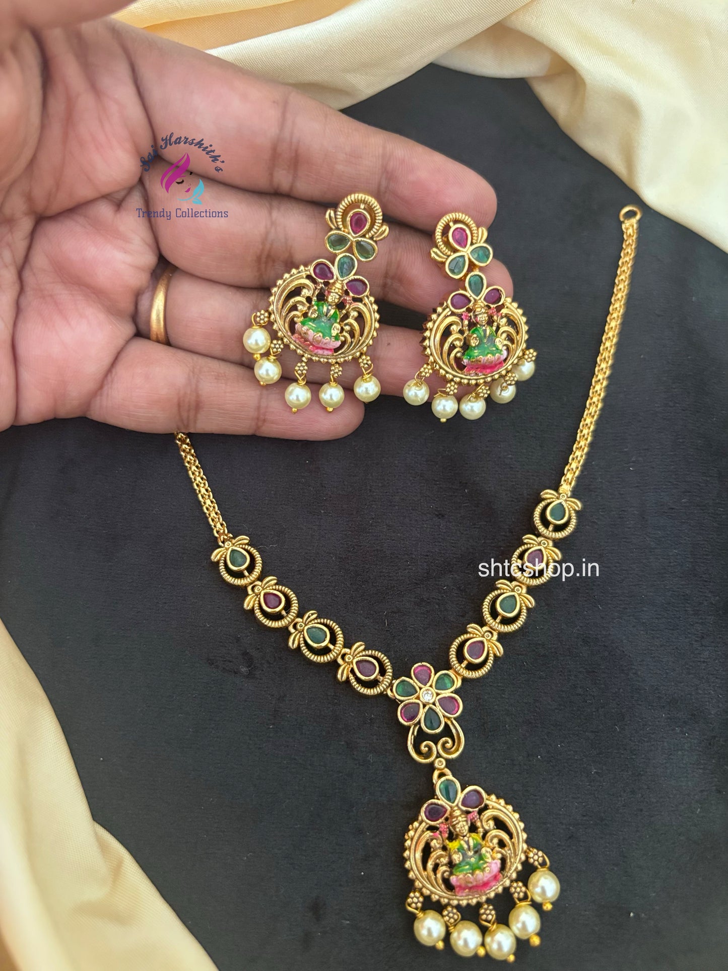 Temple Finish Necklace withTerracotta Inspired Lakshmi Enamel Design - SHTC1786
