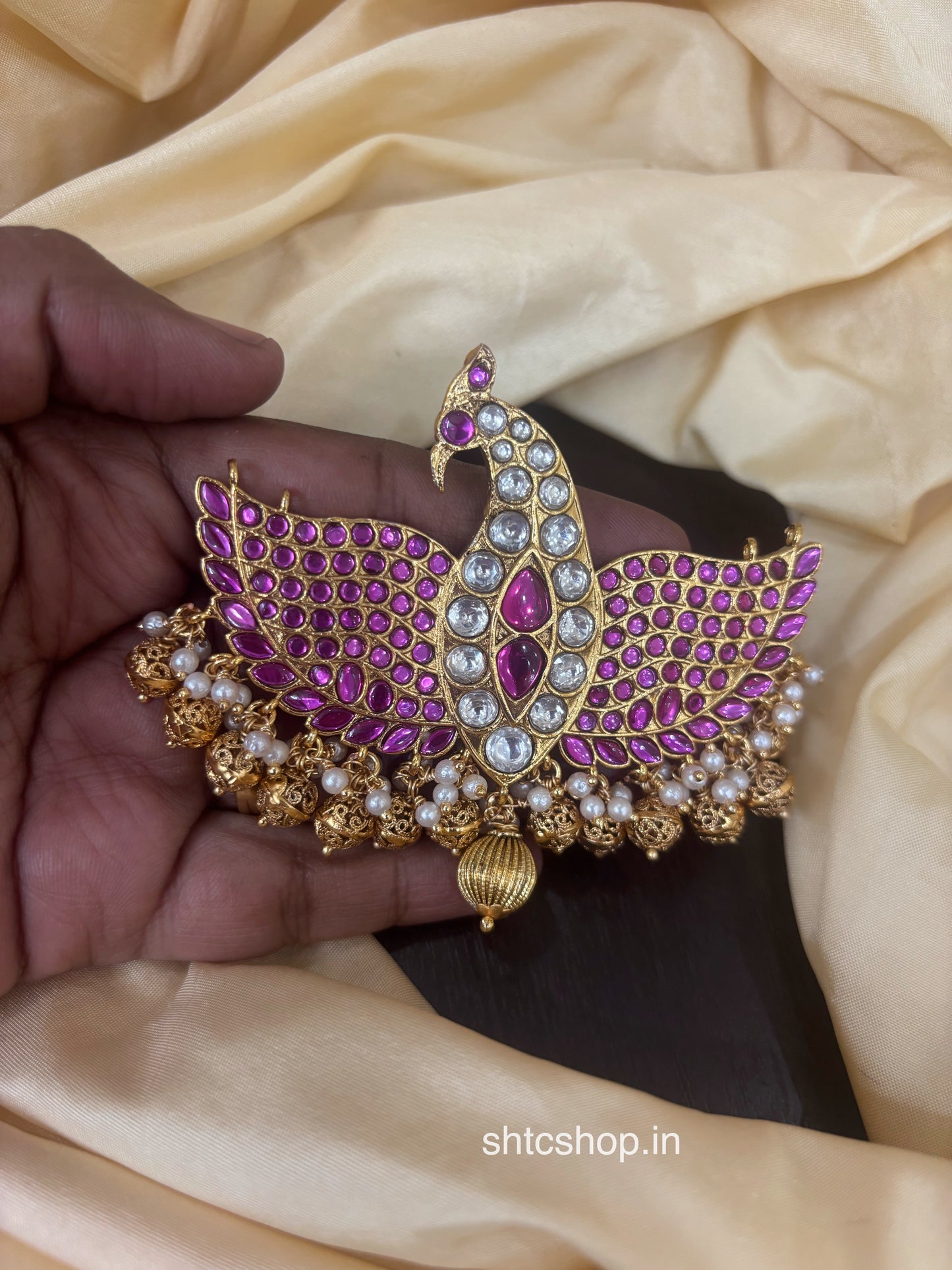 2 in 1 Reversible Peacock Pendant with kadav and Kundan Stones (Pink & Green) - SHTC1793