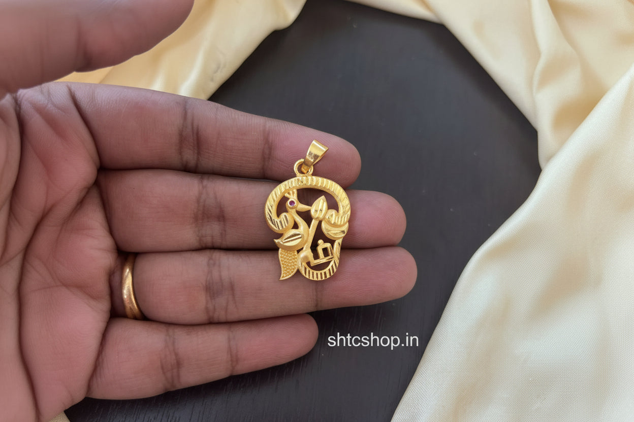 1gm Gold Polished Om, Vel and Peacock Combined Pendant - SHTC1811