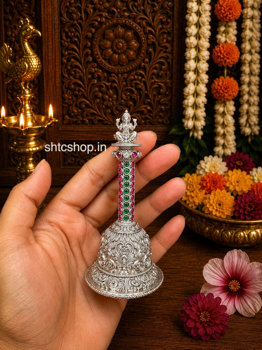 Brass Made Silver Finish Pooja Bell with Kempu stones (God Ganesha)- SHTC1844