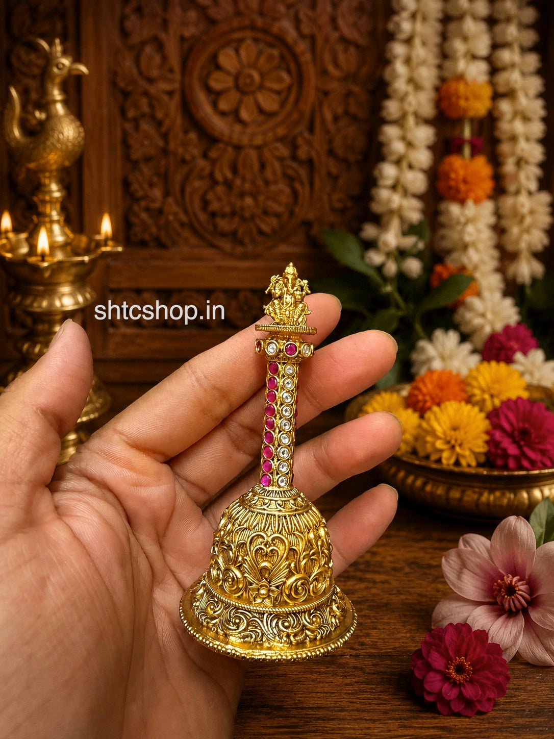 Brass Made Temple Finish Pooja Bell with Kempu stones (God Ganesha) - SHTC1845