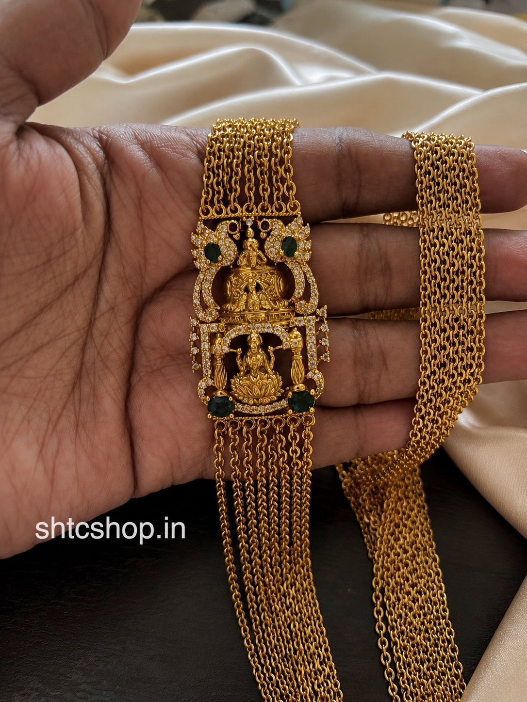 7 Layer Mugappu Chain with Lakshmi Design – Ruby / Green Variant - SHTC1859