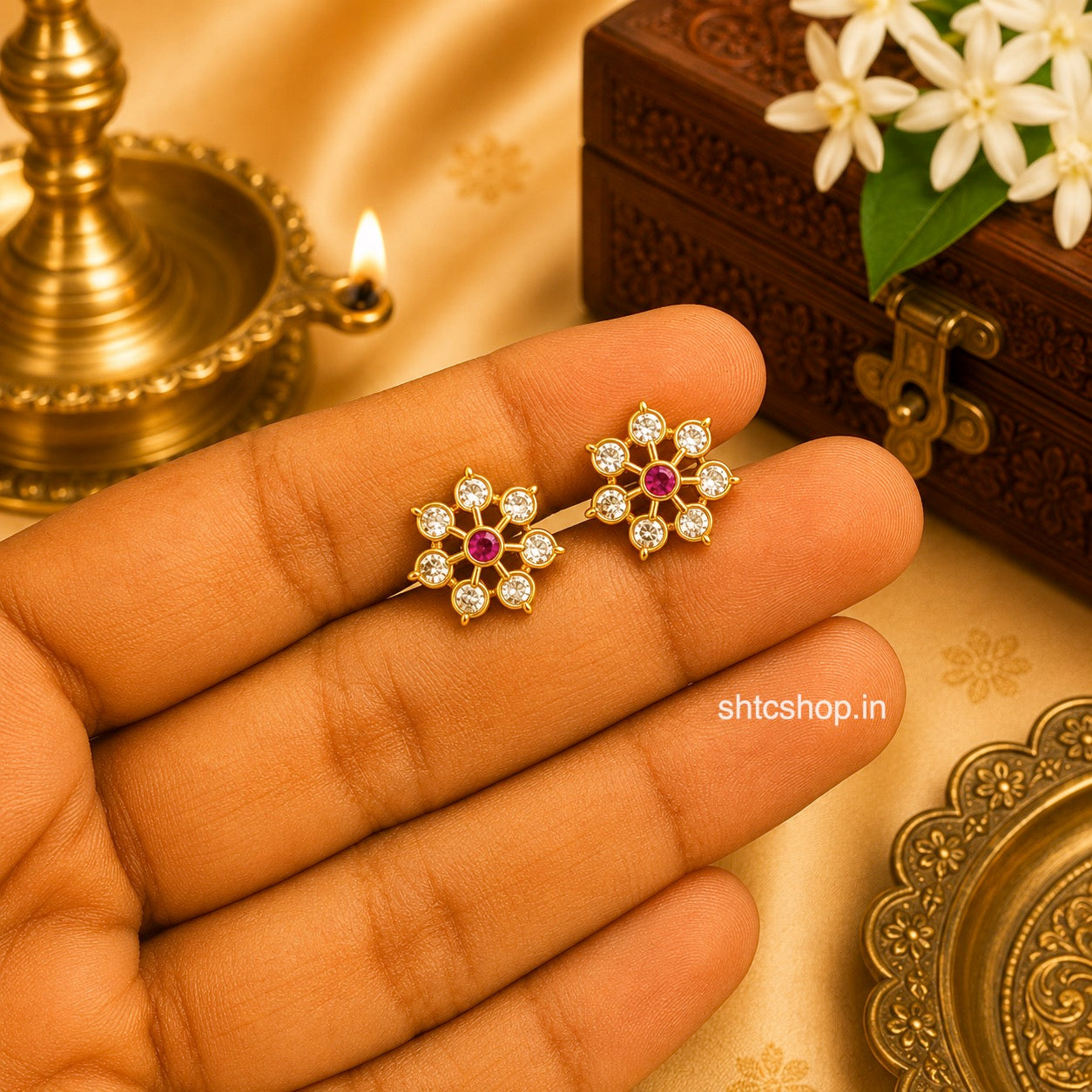 1 GM Gold Polished Floral Baby Stud Earrings | CZ & Ruby Stone Kids Screw Back Earrings - SHTC1902
