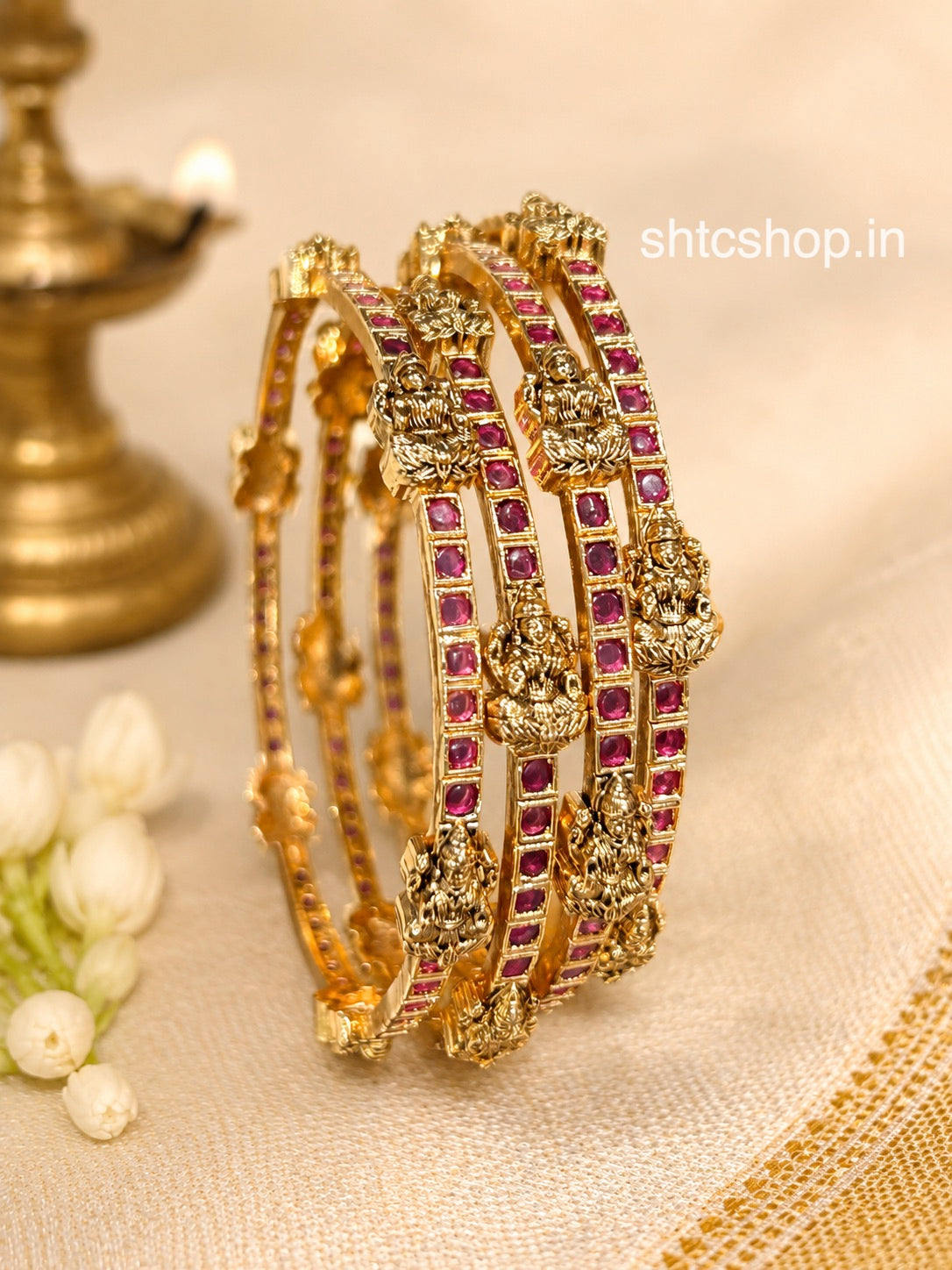Set of 4 Matte Finish Ruby Kempu Stone Goddess Lakshmi Bangles | Traditional Temple Jewellery - SHTC1914