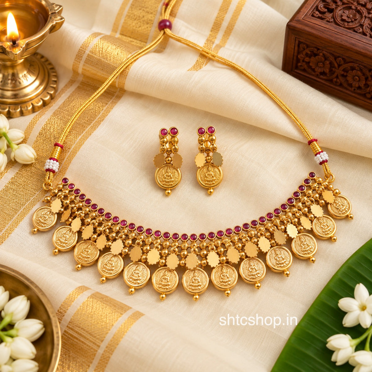 Traditional Kerala Style Matte Finish Lakshmi Coin Elakkathali Necklace Set with Ruby Kempu Stones - SHTC1919