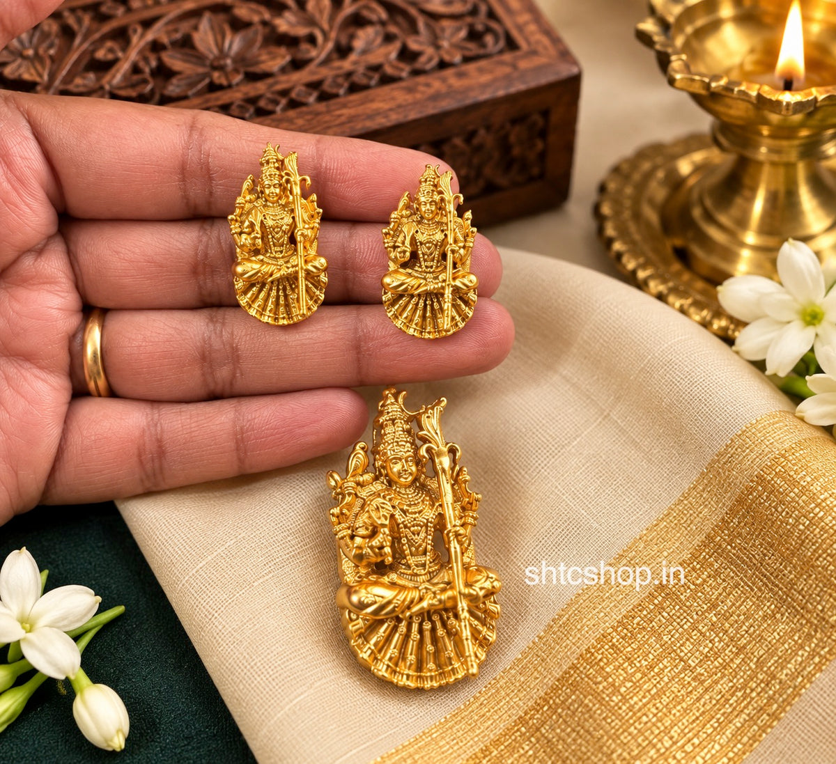 Antique Matte Finish Goddess Kamatchi Amman Pendant with Matching Earrings – Temple Jewellery Set - SHTC1922