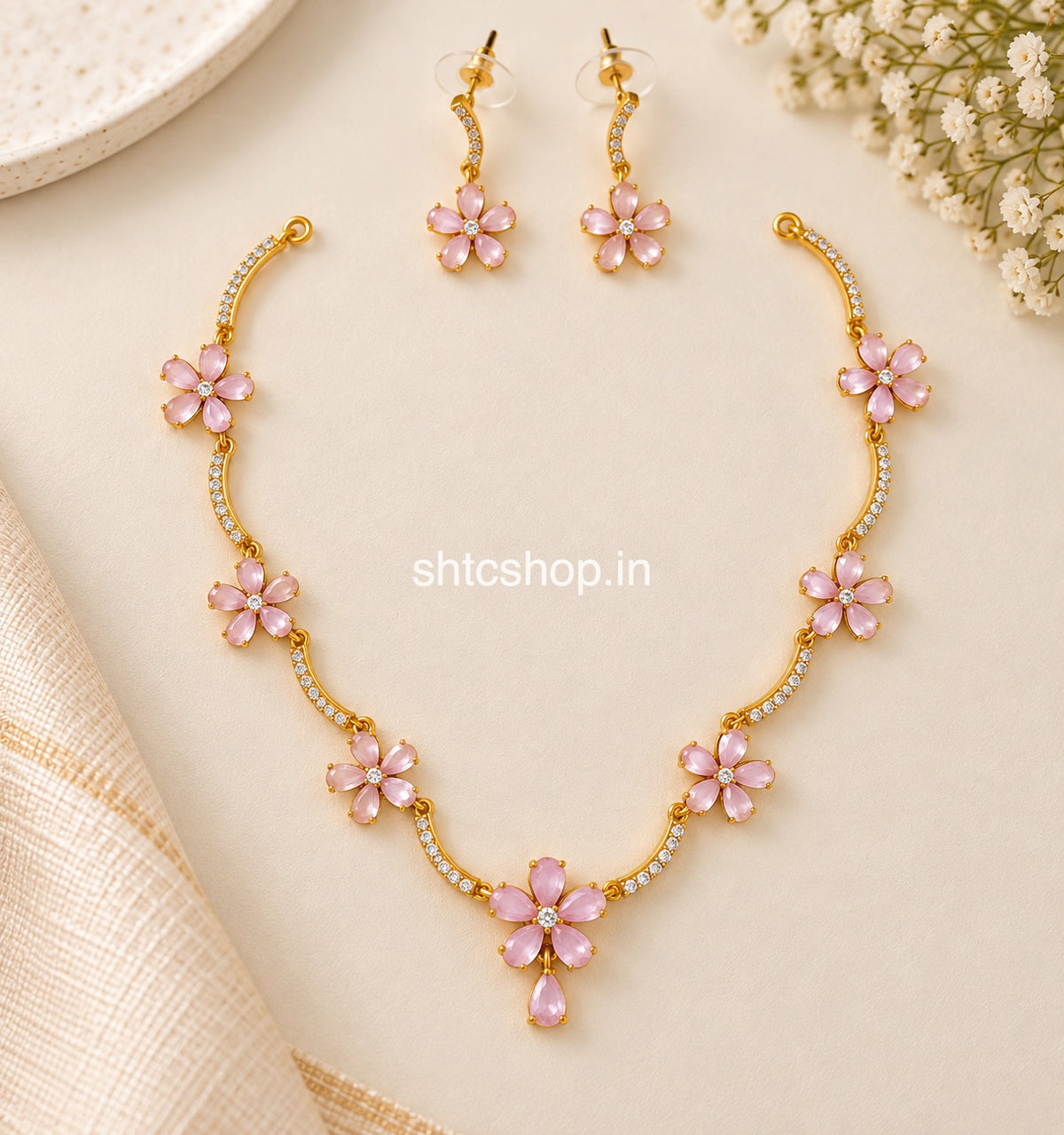 Premium Matte Finish Floral CZ Necklace Set with Matching Earrings – Multicolour Variants - SHTC1926